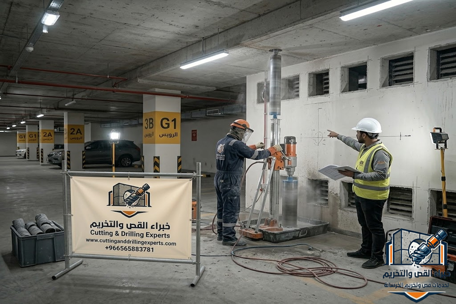 تخريم الخرسانة بحي الرويس جدة باستخدام أجهزة الكور الماسي لفتح فتحات المكيفات والسباكة والكهرباء والتهوية بدقة عالية وبدون تكسير عشوائي